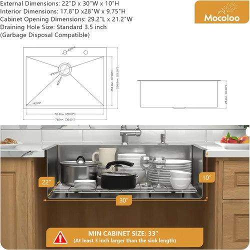 Miniatura 7 de Mocoloo Fregadero de cocina empotrable de 30 x 22 - Fregaderos de cocina de acero inoxidable de 30 pulgadas de montaje superior calibre 16 de un