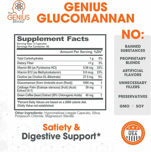 Miniatura 2 de The Genius Brand Genius Glucomanano - Cápsulas de glucomanano para la salud digestiva, apoyo de energía y saciedad, fibra natural para comodidad