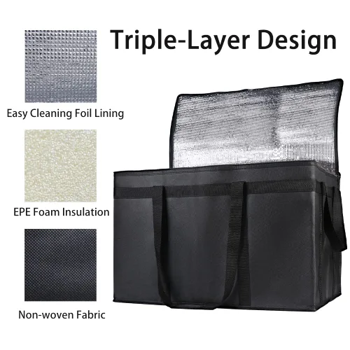 Miniatura 4 de Bolsa térmica, suave y aislada, bolsa de alimentos plegable para entrega de alimentos, portátil, color negro, paquete de 4, tamaño L