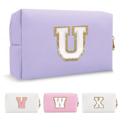 Miniatura 140 de Pequeña bolsa de maquillaje personalizada con inicial A-Z Preppy Patch, bolsa de cosméticos de viaje de felpilla blanca con cremallera, bonita bolsa