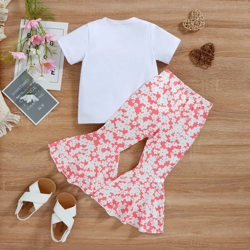 Miniatura 4 de Toddler Girls Valentine's Day Short Sleeve Letter T Shirt Pullover Tops Bell Bottoms Pants Kids Infant Girl