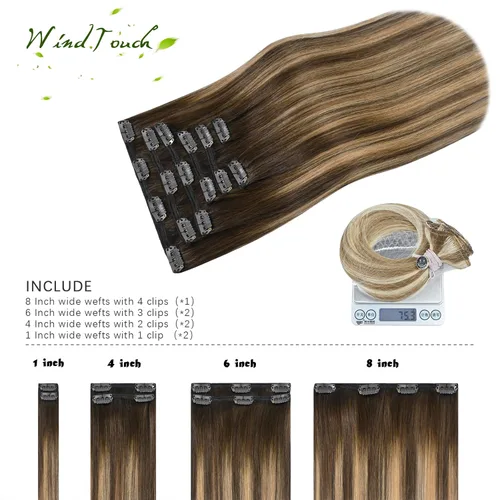 Miniatura 3 de Extensiones de cabello humano Remy con pinzas, color castaño chocolate a rubio oscuro con balayage y reflejos, para cabello castaño, 2.47 onzas, N.°