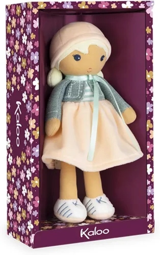 Kaloo Tendresse My First Fabric Doll Chloe K - Figura de felpa suave mediana de 9.75 pulgadas en vestido de melocotón y rayas, chaqueta de mezclilla