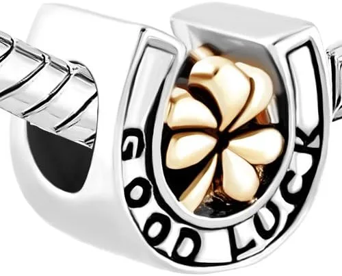 Miniatura 3 de LSxAB Abalorio de herradura de la suerte competible con pulseras Pandora para mujeres y niñas, trébol de oro, cuentas de plata, amigo de la familia