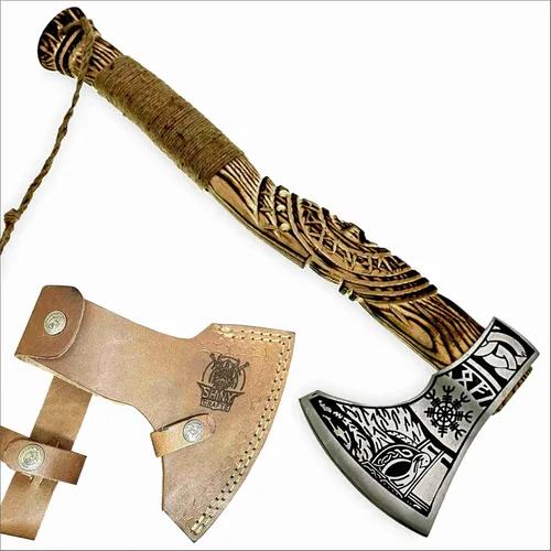 SHINY CRAFTS® Hacha vikinga hecha a mano, hoja nórdica grabada con mango de madera, hacha nórdica barbuda para hombres, regalo único para él, VBA-14