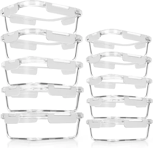 Miniatura 10 de VERONES Paquete de 10 recipientes de vidrio para preparar comidas, recipientes herméticos de vidrio para almuerzos, juego de recipientes apilables