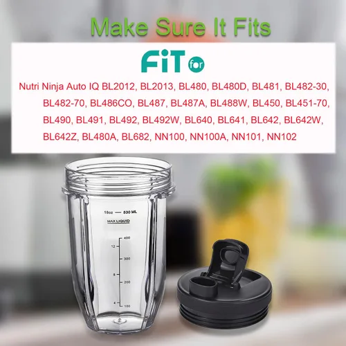 Miniatura 7 de Juego de 2 vasos de repuesto de 18oz para licuadoras Nutri Ninja, piezas de repuesto para licuadoras con tapa mejorada para licuadoras Auto-IQ Tazas
