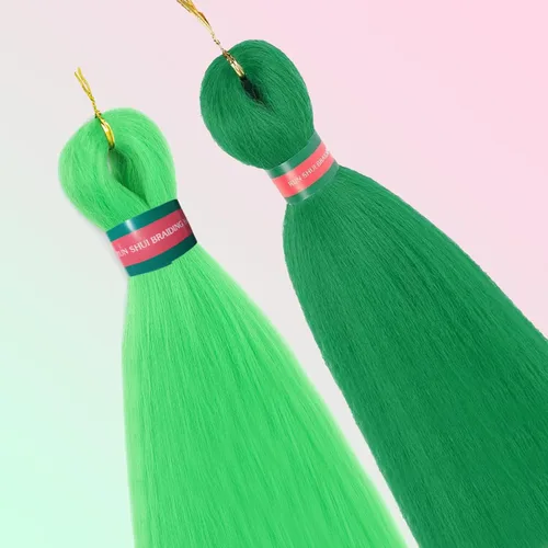 Miniatura 2 de Extensiones de cabello para trenzar verde+verde claro, preestiradas, 2 paquetes, con cabello plumoso pre-trenzado, extensiones de cabello