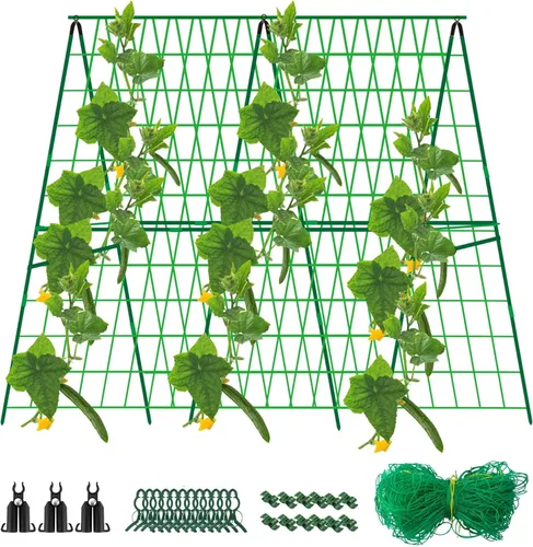 Enrejado plegable de pepino de 48 x 48 pulgadas para cama elevada, enrejado de jardín con marco en A para plantas trepadoras al aire libre con red