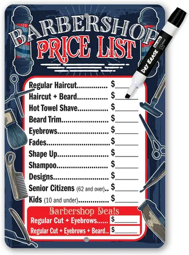 Letrero de metal – Lista de precios de barbería de borrado en seco – Letrero de metal duradero – Uso en interiores y exteriores – Es una gran