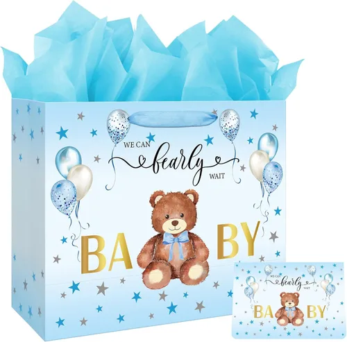 Laidans Bolsa grande de regalo de cumpleaños para baby shower de 13 pulgadas para niño con papel de seda y tarjeta, globos azules, diseño de oso con