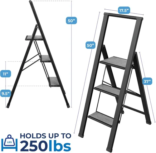 Miniatura 2 de Escalera plegable de 3 escalones, decorativa, hermosa madera gris y aluminio negro, perfil ultra delgado, peldaños antideslizantes, resistente