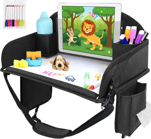Miniatura 28 de 2 piezas Bandeja de viaje para niños, bandeja para asiento de coche para niños Viaje, Esenciales de viaje en carretera para niños con kit de dibujo