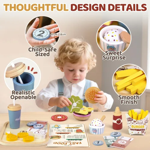 Miniatura 5 de Juguetes de comida de madera para niños pequeños, juegos de simulación de 3 a 5 años, accesorios de cocina de juguetes educativos de madera, regalo