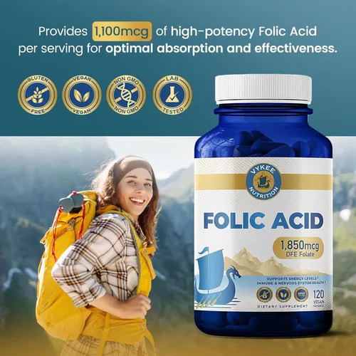 Miniatura 4 de Vykee Nutrition Cápsulas de ácido fólico - Apoya los procesos corporales, la salud prenatal y la energía - Suplemento de vitamina B9 para mujeres
