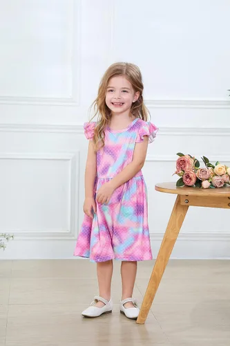 Miniatura 6 de Vestido de unicornio casual con mangas con vuelo para niñas pequeñas, vestido de verano para fiesta de cumpleaños, vestidos de verano de 1 a 8 años