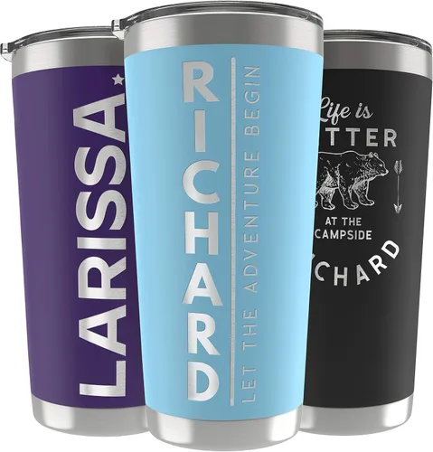 Regalos personalizados para hombres – 20 onzas – Vasos personalizados con tapa, azul cielo, tazas de café de viaje aisladas, juego de popote