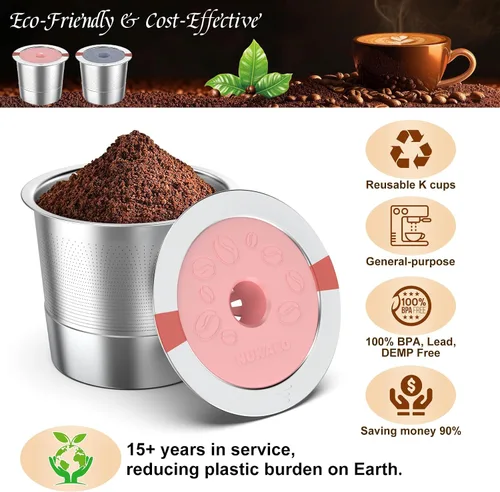Miniatura 5 de Kcup - Cápsulas de café recargables: tazas K reutilizables de acero inoxidable para Keurig Metal K Cup - Filtro de café reutilizable rosa y gris