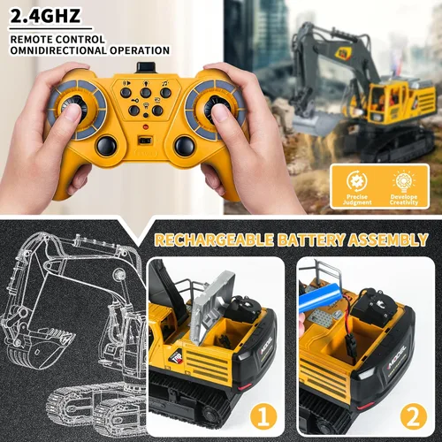 Miniatura 8 de Juguete de construcción de excavadora a control remoto, 14 canales 2.4Ghz RC con pulverización de motor real de simulación, rotación de 680°, pala