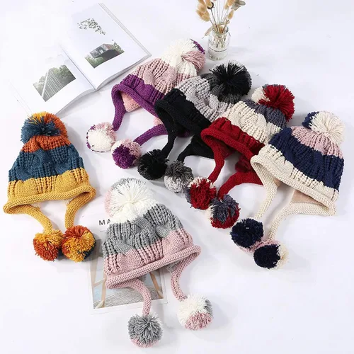 Miniatura 7 de HUAMULAN - Gorro de invierno para mujer estilo peruano con forro polar, solapas para orejas, doble capa, con pompones
