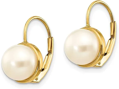 Miniatura 2 de Aretes de oro amarillo de 14 quilates de 0.276in con botón blanco cultivado en agua dulce con palanca trasera, joyería fina para mujer, regalos