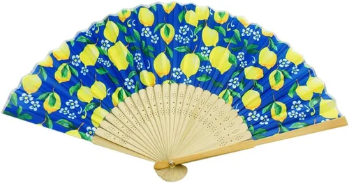 Abanico de mano con hermosa tela estampada de limón Limón Azul