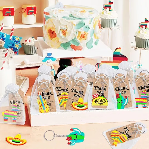 Miniatura 3 de CiciBear Paquete de 48 llaveros de devolución de fiesta mexicana con piñata, sombrero, cactus, taco, guitarra y maraca para fiestas, cinco de mayo