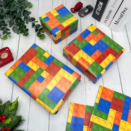 Miniatura 2 de Dtiafu Papel de regalo de bloques de construcción, bonito papel de regalo de cumpleaños para niños y niñas, 20 x 28 pulgadas por hoja (6 hojas)