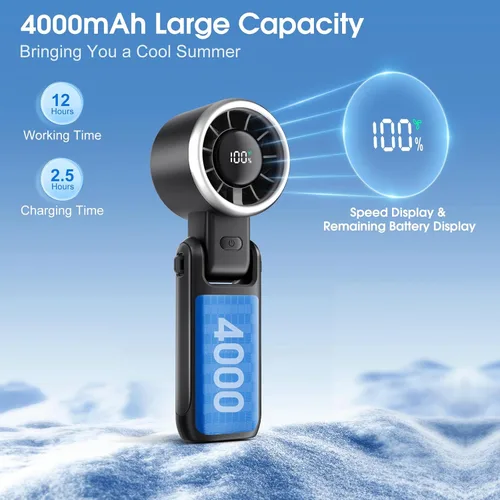 Miniatura 4 de WHATOOK Ventilador Portátil Recargable Mini Ventiladores: Ventilador de Mano con Tecnología Air Turbo, 4000mAh y 5 Velocidades Pantalla LED