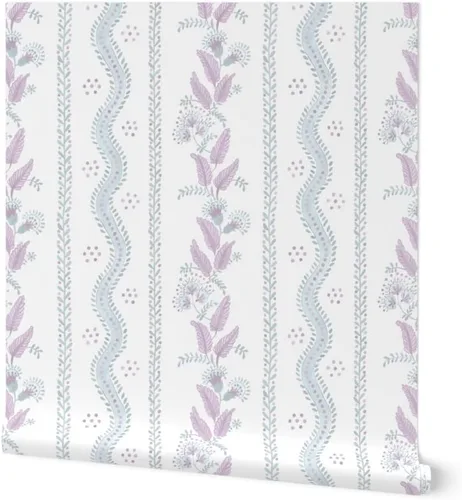 Papel tapiz extraíble – Cottagecore Floral Stripe Botanical Grandmillennial Purple Blue Papel pintado tradicional prepegado personalizado por