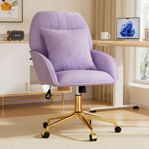Miniatura 2 de Silla de escritorio para oficina en casa cómoda con ruedas giratorias ajustables, silla moderna de terciopelo para maquillaje con respaldo y Púrpura