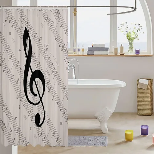 Miniatura 3 de Cortina de baño con estampado de notas musicales para baño, cortina de ducha temática de música, instrumentos retro, juego de cortina de ducha