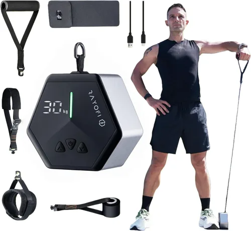 Miniatura 10 de Rayofi Go-Tone - Máquina de gimnasio portátil, pantalla LCD inteligente, 1.5 lbs, resistencia ajustable de 3 a 66.1 lbs, recargable por USB-C Negro