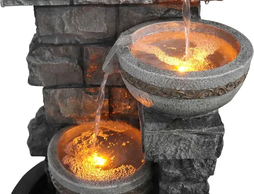 Miniatura 4 de Fuente de agua para exteriores de piedra apilada de 3 niveles, fuente de cascada independiente de 27 pulgadas con bomba incorporada, estación