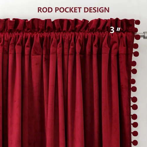 Miniatura 6 de Benedeco - Cortinas de terciopelo burdeos para ventana de dormitorio con pompón, cortinas de lujo súper suaves, oscurecimiento y aislamiento térmico