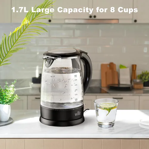 Miniatura 2 de Willz Hervidor eléctrico de vidrio con mango resistente al calor y vertido inalámbrico, tecnología de ebullición rápida y apagado automático, luz