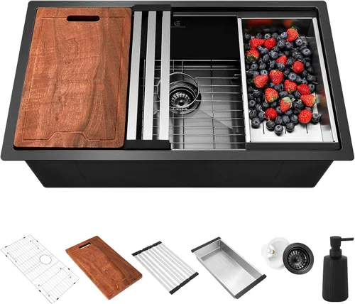 Miniatura 10 de Fregadero de cocina de acero inoxidable de 30 pulgadas, calibre 16, estación de trabajo de cuenco único, empotrado, montaje superior de 2 agujeros