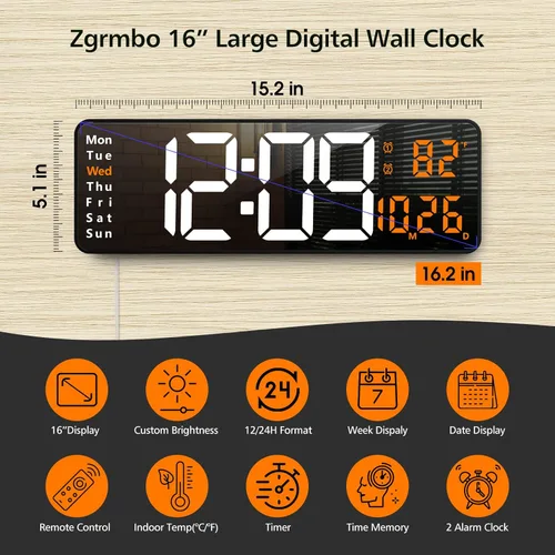 Miniatura 2 de Zgrmbo Reloj de pared digital grande de 16 pulgadas con control remoto, pantalla grande LED reloj de pared para sala de Blanco
