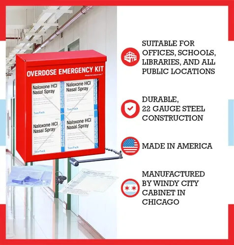 Miniatura 3 de Gabinete de kit de emergencia de sobredosis, alta visibilidad y seguro, acero de calibre 22, montaje en pared con ventana acrílica, martillo