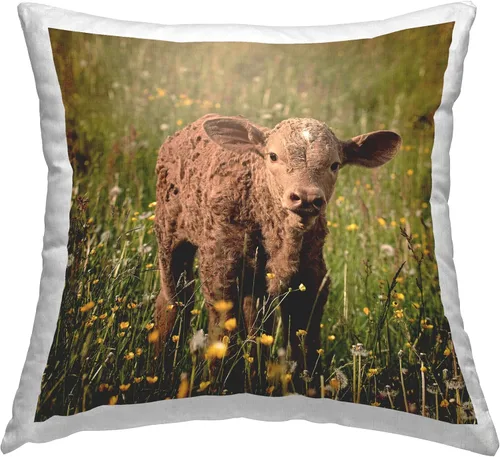 Stupell Industries Baby Calf Cow Farm Flower Meadow Design by Daphne Polselli - Almohada (18 x 18 pulgadas), color marrón