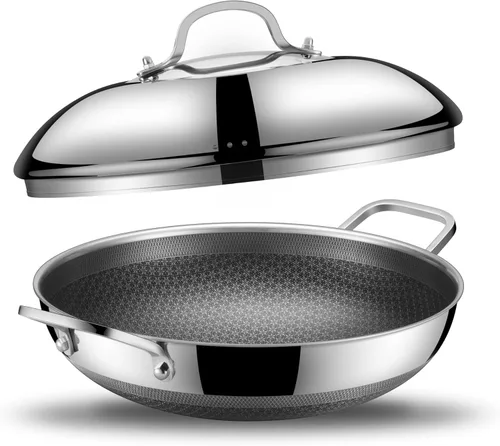 Miniatura 8 de SNOWCLAD Wok, Wok Híbrido de 13 Pulgadas y Sartenes para Saltear Antiadherentes, No Tóxico, Sartén Wok de Acero Inoxidable con Tapa, Apto
