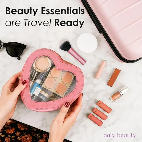 Miniatura 4 de Bolsa de maquillaje con forma de corazón – Bolsa de cosméticos de corazón rosa con cubierta transparente – Ideas de regalo para mujeres, mamá