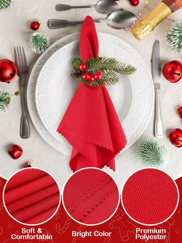 Miniatura 4 de Juego de 16 servilletas y anillos de Navidad, 8 hebillas de servilletas de Navidad y 8 servilletas de Navidad lavables rojas de tela con bayas rojas