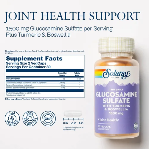 Miniatura 2 de SOLARAY Sulfato de glucosamina de 1500 mg con cúrcuma y boswellia, apoyo para la salud de las articulaciones, 60 cápsulas vegetales (30 porciones)