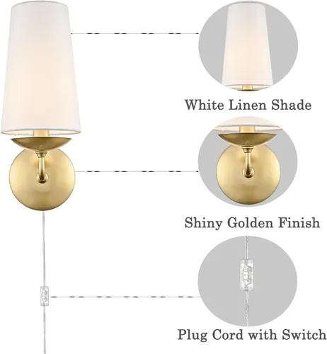 Miniatura 6 de Apliques de pared dorados modernos juego de dos con pantalla de lino, lámpara de pared enchufable o de instalación fija para dormitorio, sala de Oro