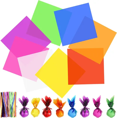 Tallew 120 hojas de papel de celofán de colores para violonchelo, envoltura de regalo transparente de celofán con 120 lazos metálicos para