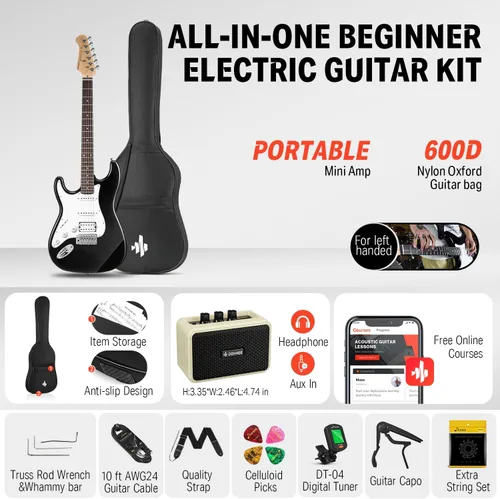 Miniatura 2 de Kit de guitarra eléctrica Donner de 39 pulgadas para zurdos, cuerpo sólido, principiantes, tamaño completo, negro, con amplificador, lección