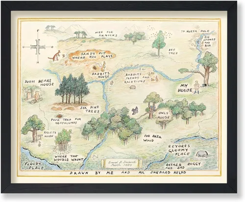 Miniatura 67 de Poster Master Póster de ilustración vintage, impresión de paisaje retro, regalo para bebé, niño, mapa de madera de 100 acres, oso, cerdo, animal