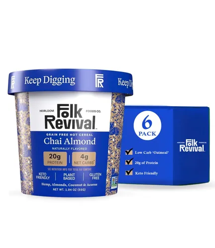 Folk Revival Chai Almond Keto Instant 'Oatmeal' - 0.71 onzas de proteína, 0.71 onzas de carbohidratos netos, alto en fibra, sin OMG, sin gluten,