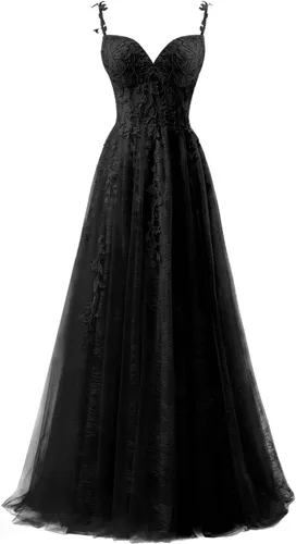 YUAOHUANG Vestidos de graduación con apliques de encaje y tul para mujer 2025, vestido de baile con tirantes delgados, vestido de noche formal con
